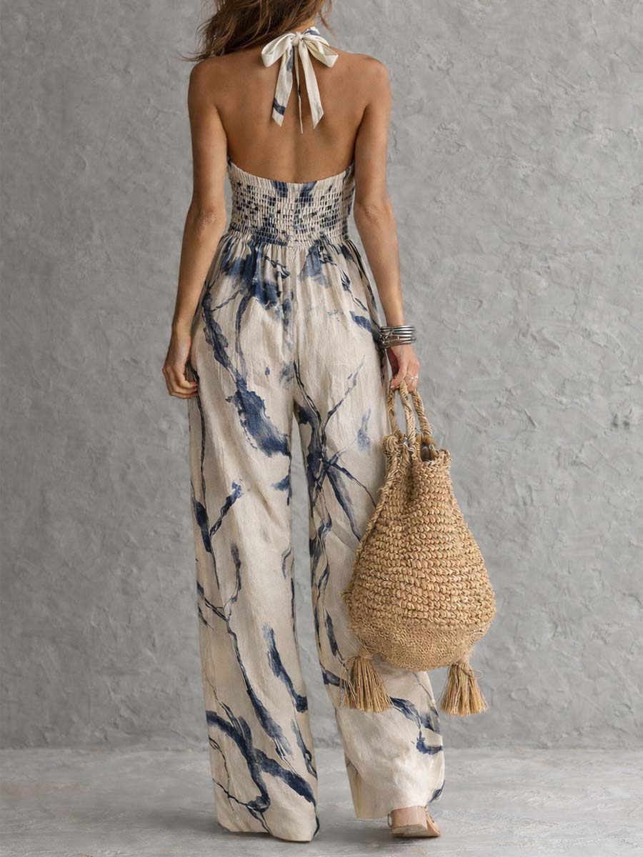 Flowering Girl Women Halter Neck Ink Wash Print Wide Leg Jumpsuit With Pockets