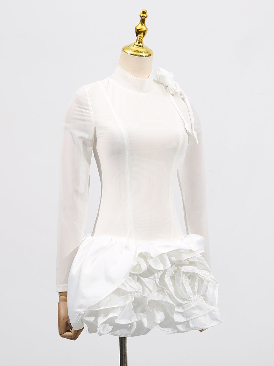 Flowering Girl Women 3d Flower Hem Mesh Mini Dress In White