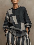 Flowering Girl Women Casual Color-Block Printed Long-Sleeve Top And Pants Set