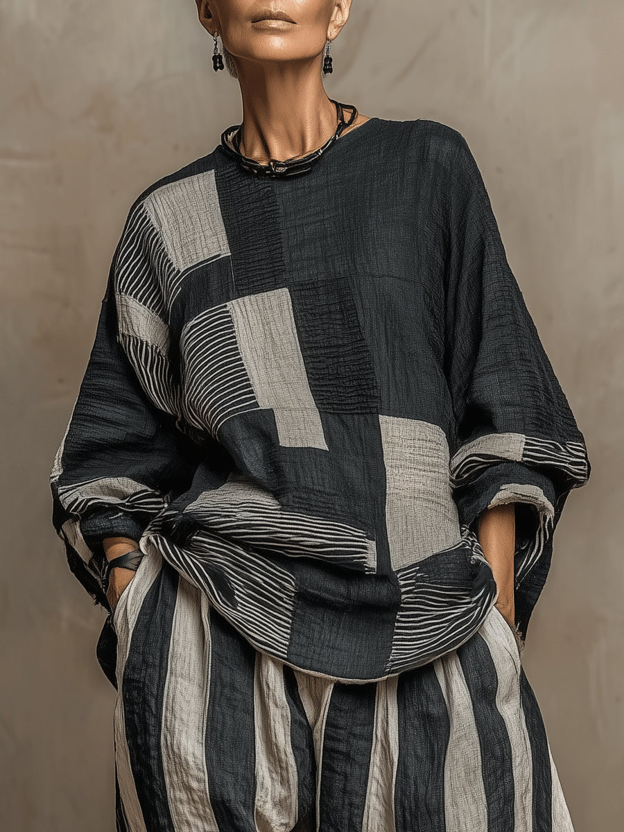 Flowering Girl Women Casual Color-Block Printed Long-Sleeve Top And Pants Set