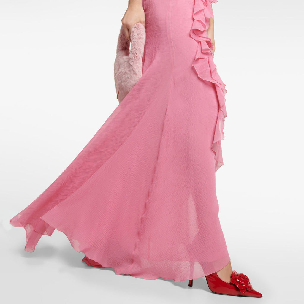 Pink Ruffle Cotton And Silk Maxi Dress