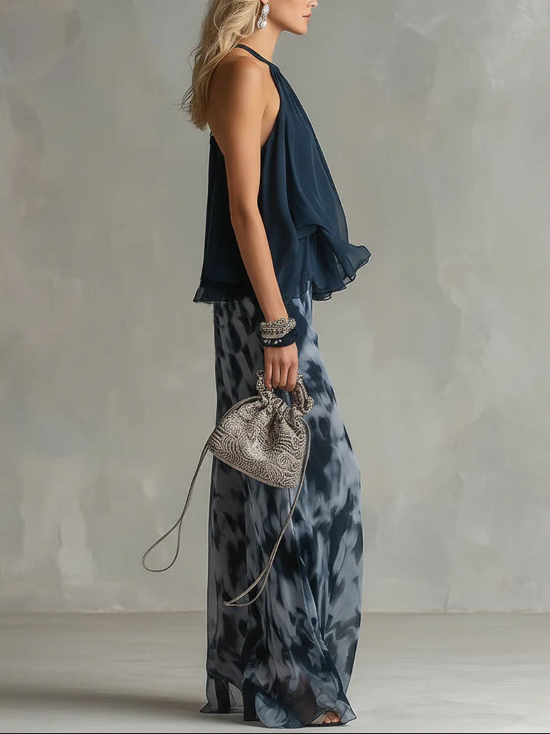 Flowering Girl Women Navy Halter Neck Top And Printed Wide-leg Pants Chiffon Set