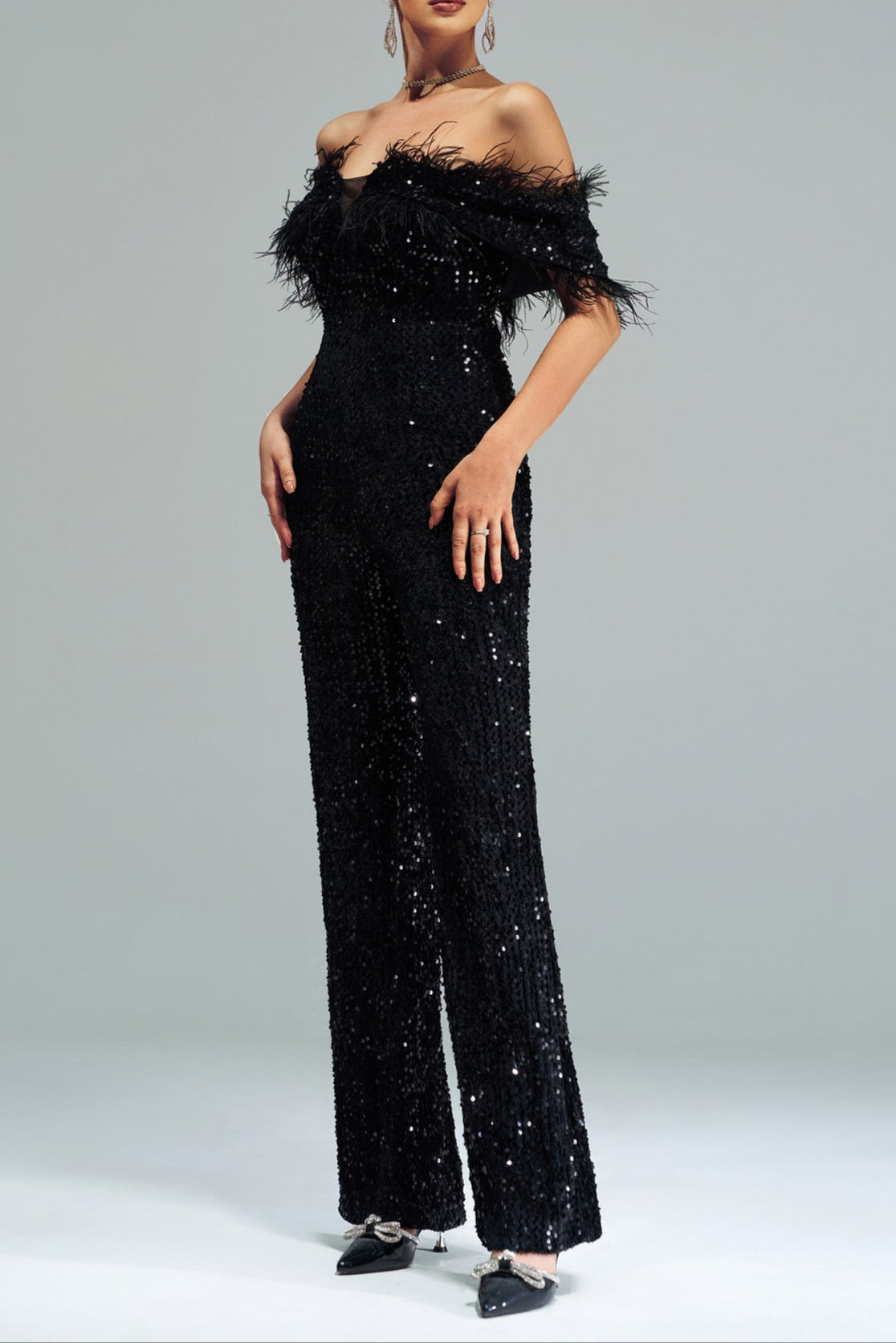 Flowering Girl Women Off-Shoulder Sequin Jumpsuit In Black