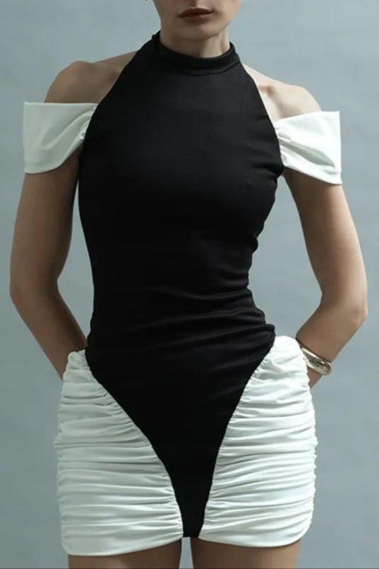Flowering Girl Women Black-White Panel Sleeveless Gathered Halter Mini Dress