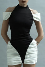 Flowering Girl Women Black-White Panel Sleeveless Gathered Halter Mini Dress