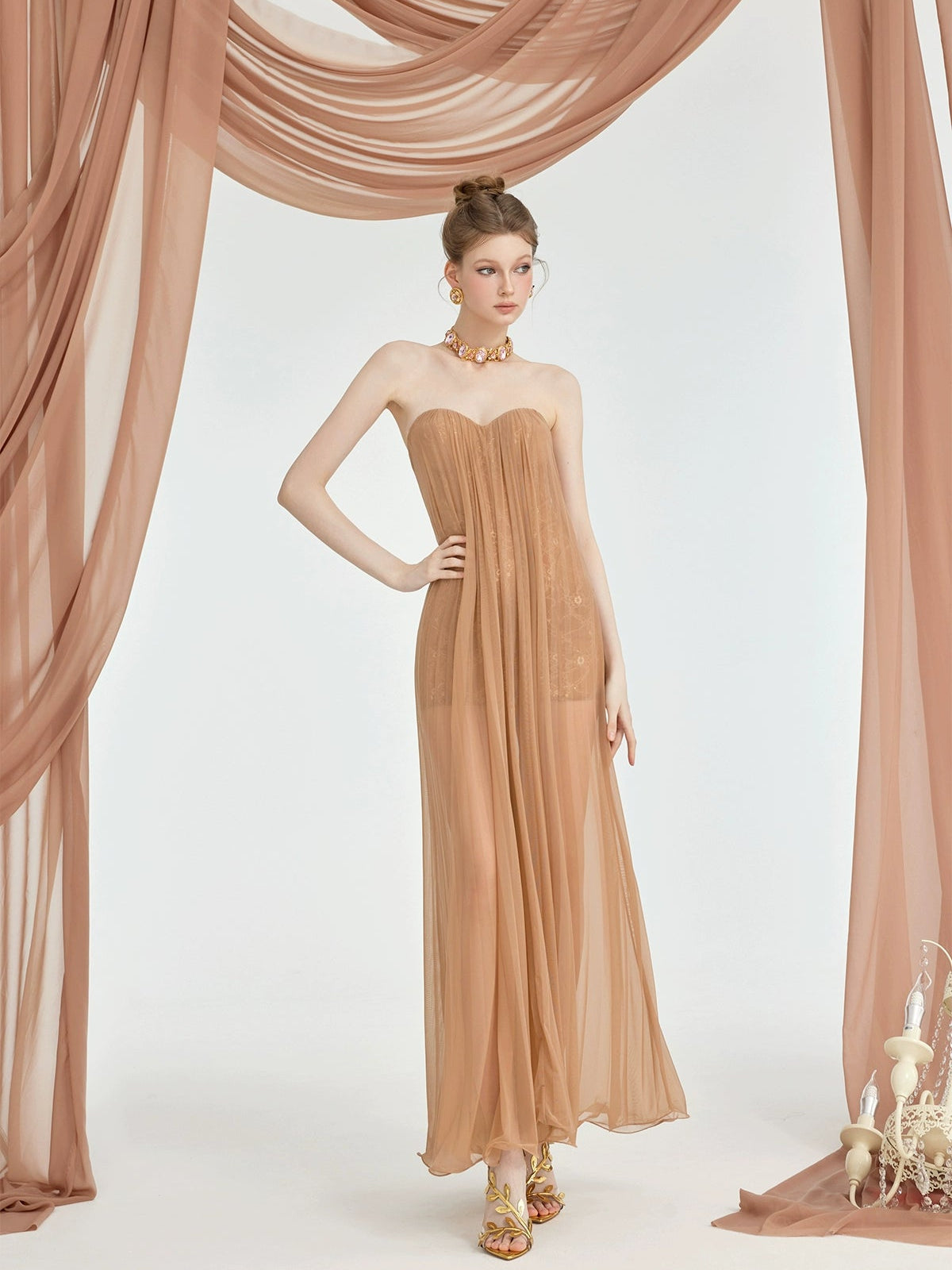 Flowering Girl Women Thea Strapless Mesh Backless maxi Dress in brown