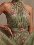 polly Green Floral Chiffon Halter Maxi Dress