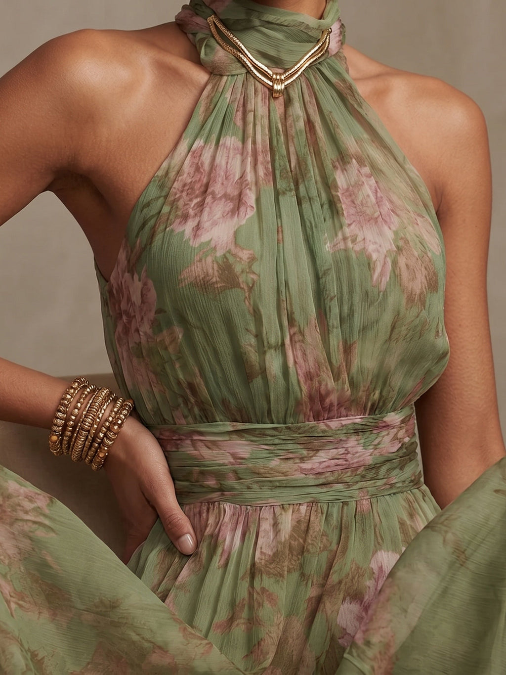 Flowering Girl Women Green Floral Chiffon Halter Maxi Dress