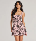 Flowering Girl Women Charming Demure Flocked Velvet Floral Skater Dress