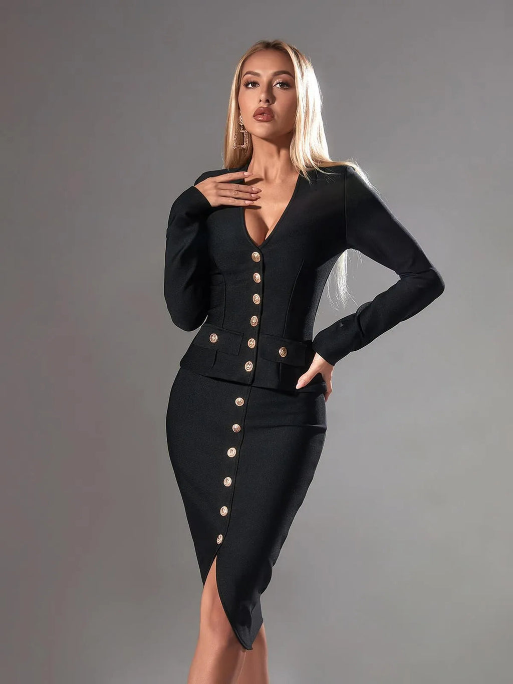 Flowering Girl Women Long Sleeve Single Breasted Bandage Set In Black