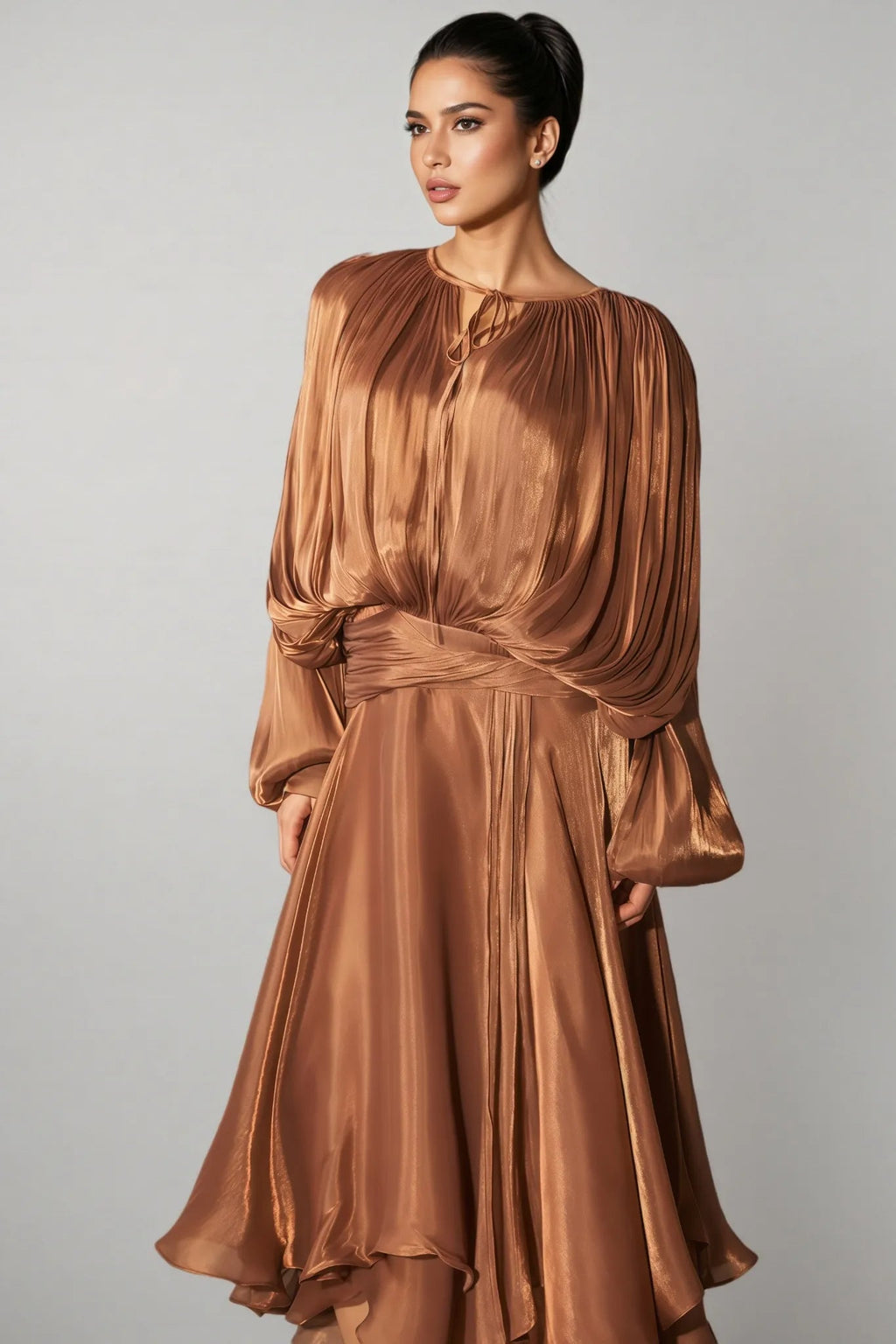 Brown Pleated Bodice Draped Puff Sleeve Maxi Dress