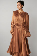 Brown Pleated Bodice Draped Puff Sleeve Maxi Dress