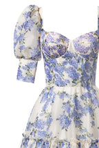 Flowering Girl Women Hydrangea Print Voluminous Sleeves Maxi Dress In Blue