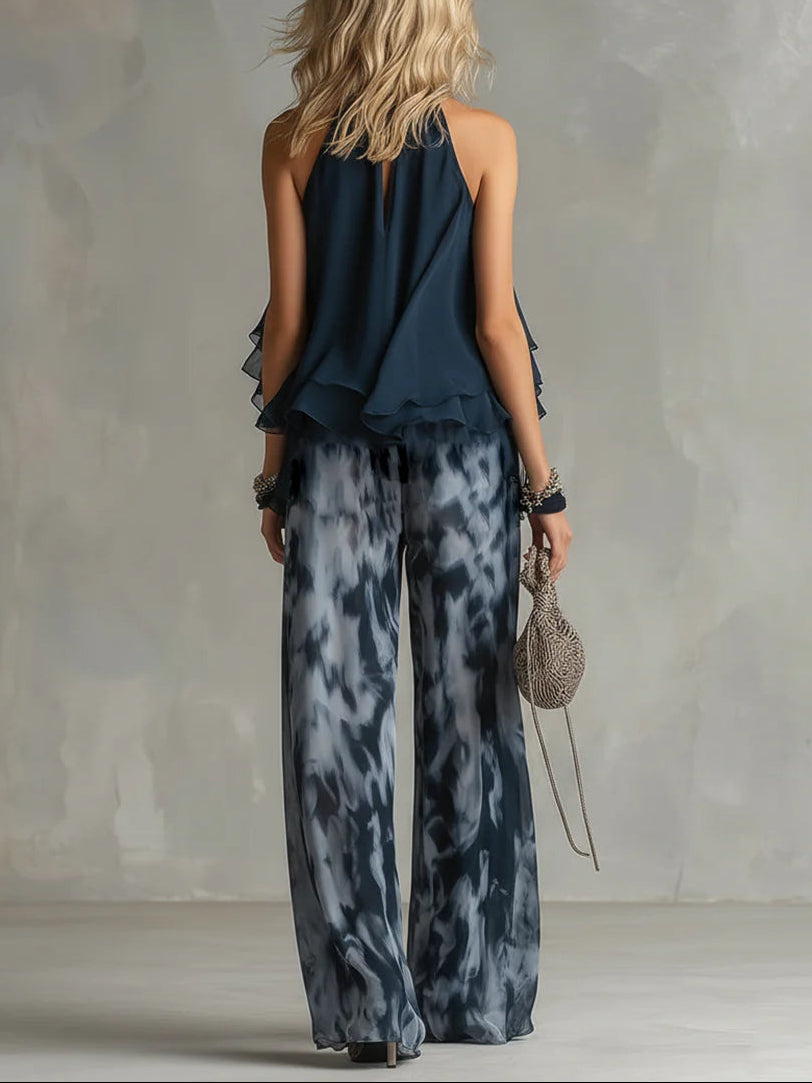 Flowering Girl Women Navy Halter Neck Top And Printed Wide-leg Pants Chiffon Set