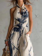 Flowering Girl Women Halter Neck Ink Wash Print Wide Leg Jumpsuit With Pockets
