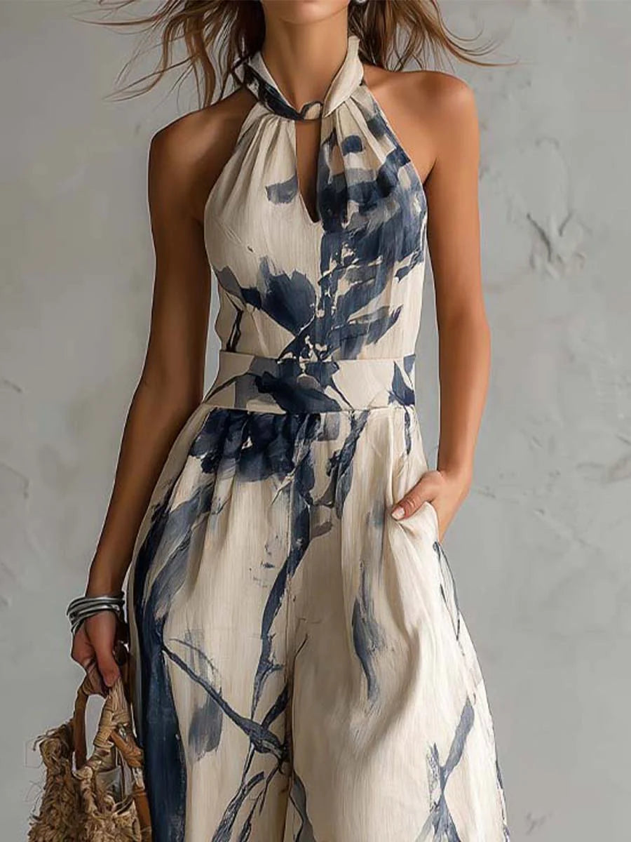 Flowering Girl Women Halter Neck Ink Wash Print Wide Leg Jumpsuit With Pockets