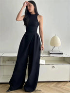 VEST HIGH WAIST WIDE LEG LONG SKIRT SUIT IN BLACK