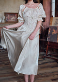 Flowering Girl Women Square neck puff sleeve lace satin maxi dress - white