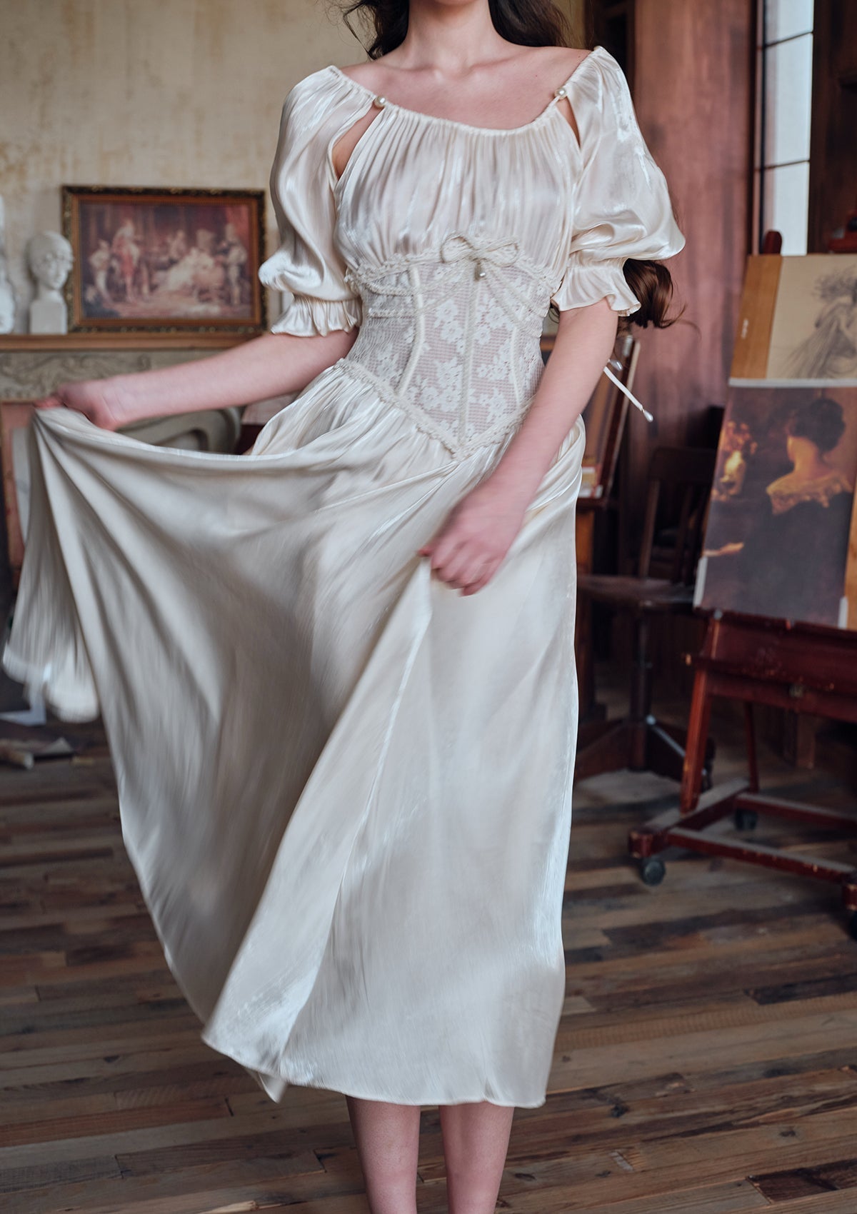 Flowering Girl Women Square neck puff sleeve lace satin maxi dress - white