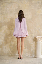 Flowering Girl Women High Neck Keyhole Cape Puff Sleeve Ruched Pleated Mini Dress