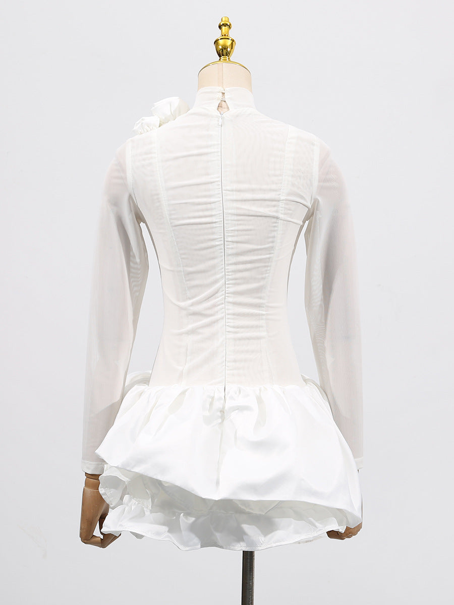 Flowering Girl Women 3d Flower Hem Mesh Mini Dress In White