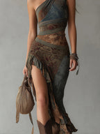 Flowering Girl Women Ethnic-Style Printed One-Shoulder Maxi Dress with High Slit