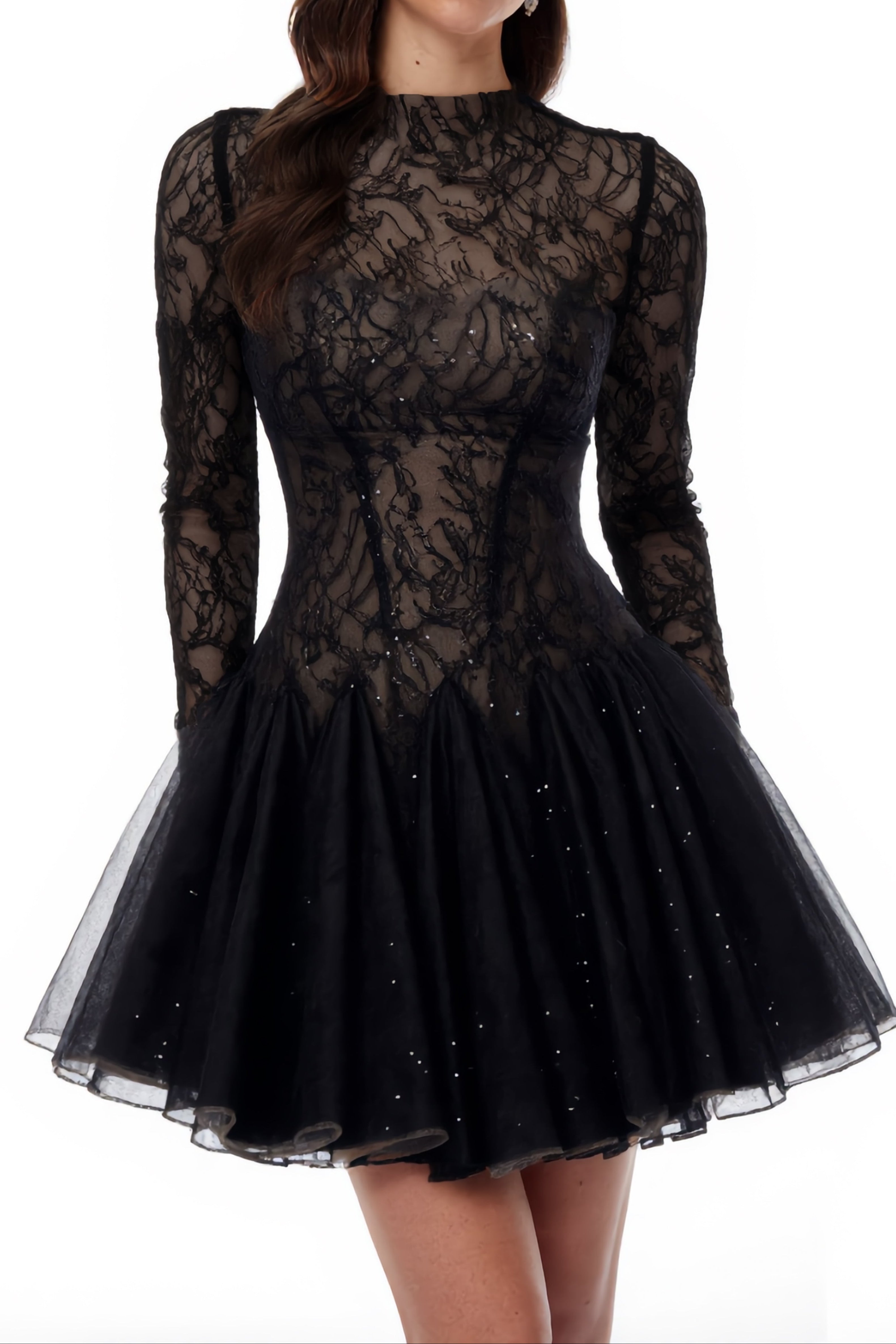 Flowering Girl Women Black Sheer Lace High Neck Long Sleeve Tulle Mini Dress