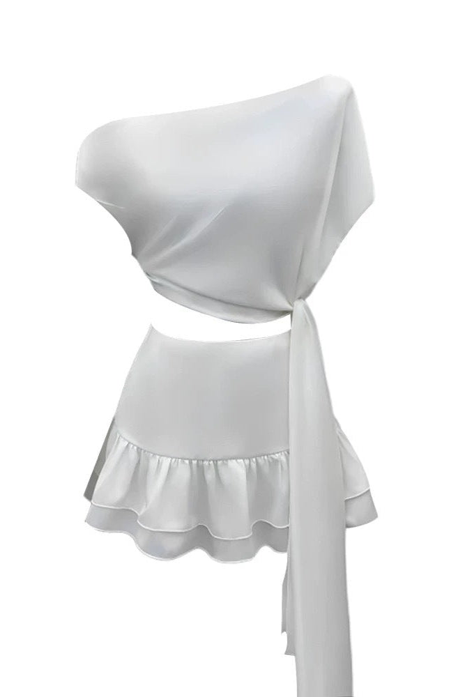 Flowering Girl Women Asymmetric Top Ruffled Skirt Two-Piece Suit In White
