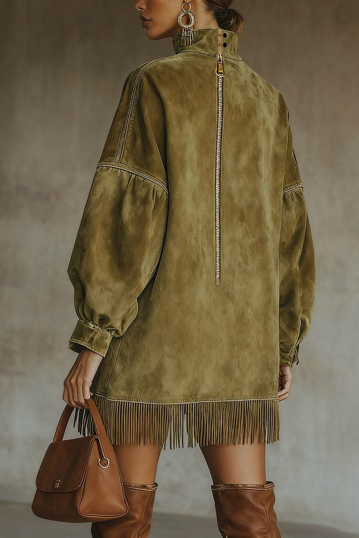 Flowering Girl Women Olive Faux Suede Turtleneck Dress With Fringe Hem