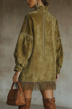 Flowering Girl Women Olive Faux Suede Turtleneck Dress With Fringe Hem
