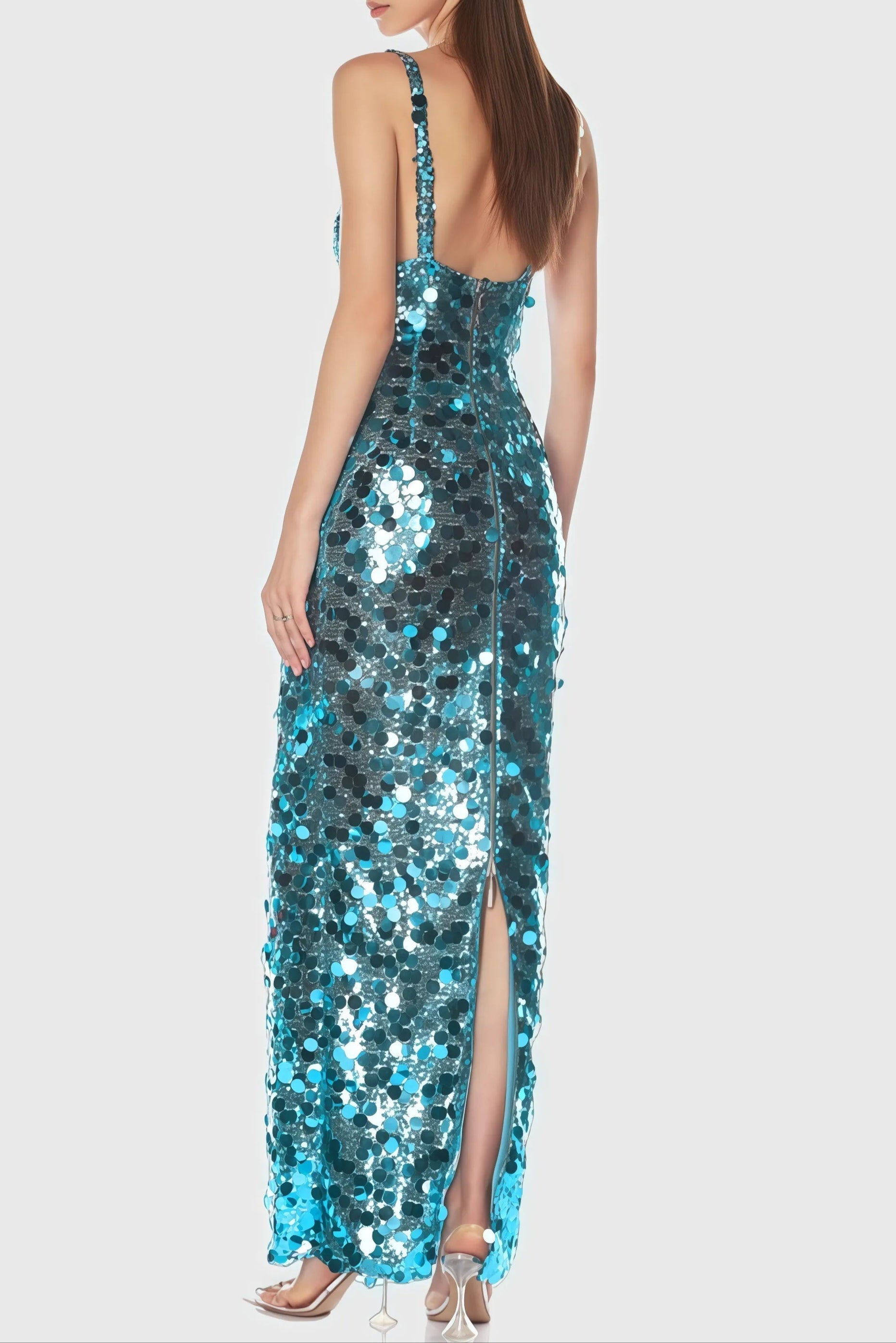 carlin Sequin Deep V Strapless Maxi Dress in blue