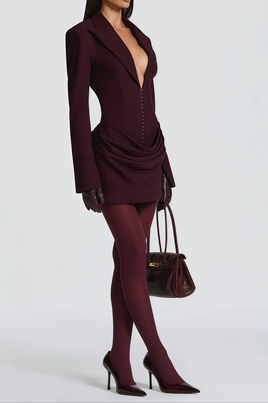 Flowering Girl Women Amelia v-Neck Ruched Blazer Mini Dress In Wine Red