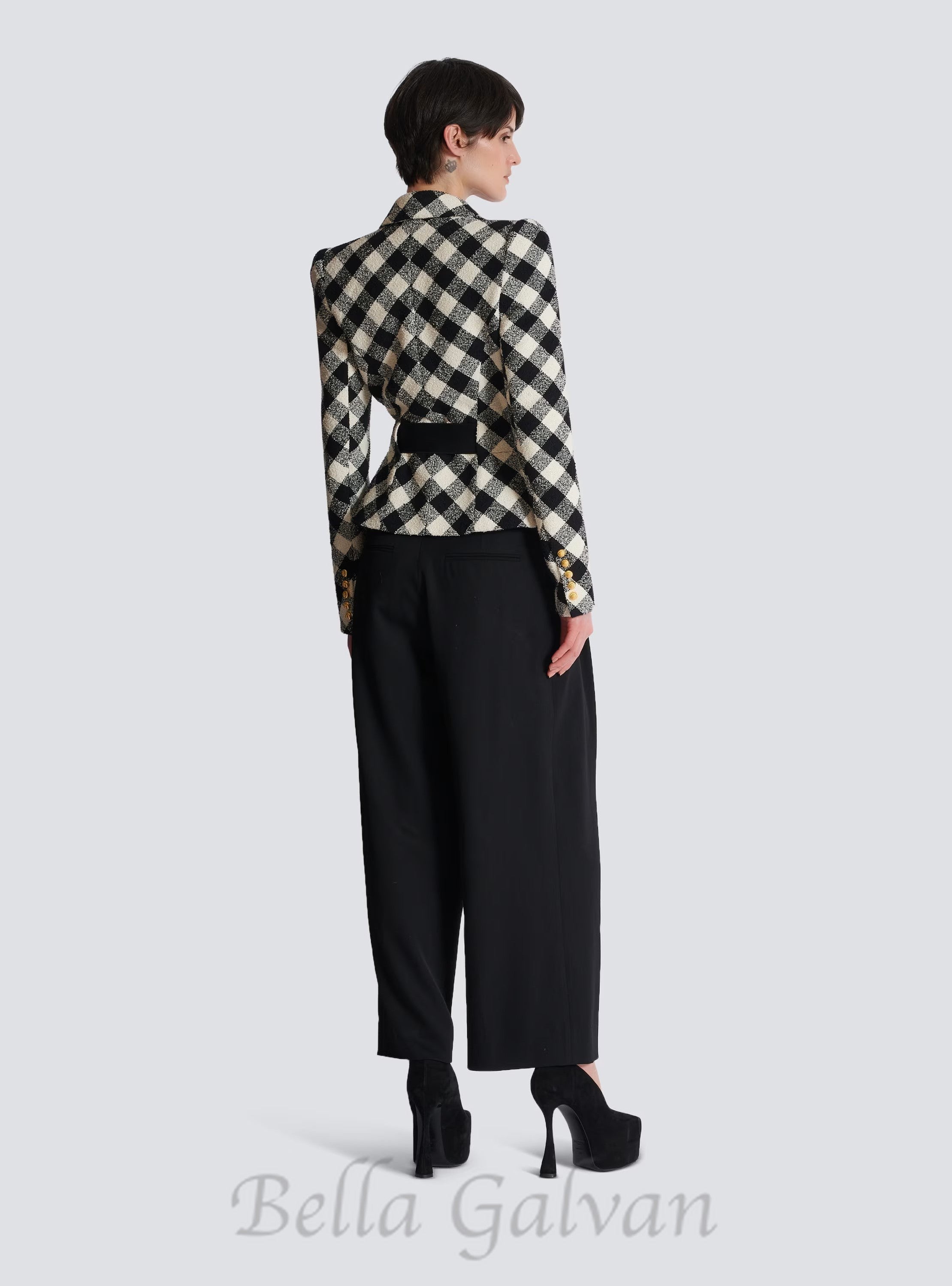 Flowering Girl Women Belted gingham tweed jacket with two Snail buttons