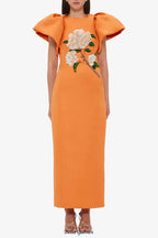 edwina Embellished Maxi Dress Hydrangea Print in Tangerine