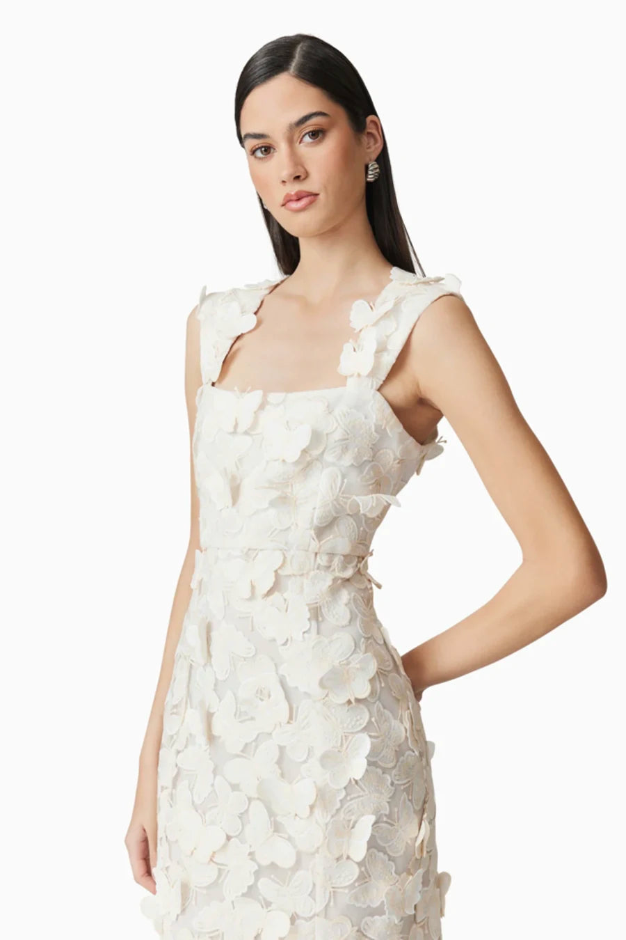 square neckline 3D flower embroidery Gown in White