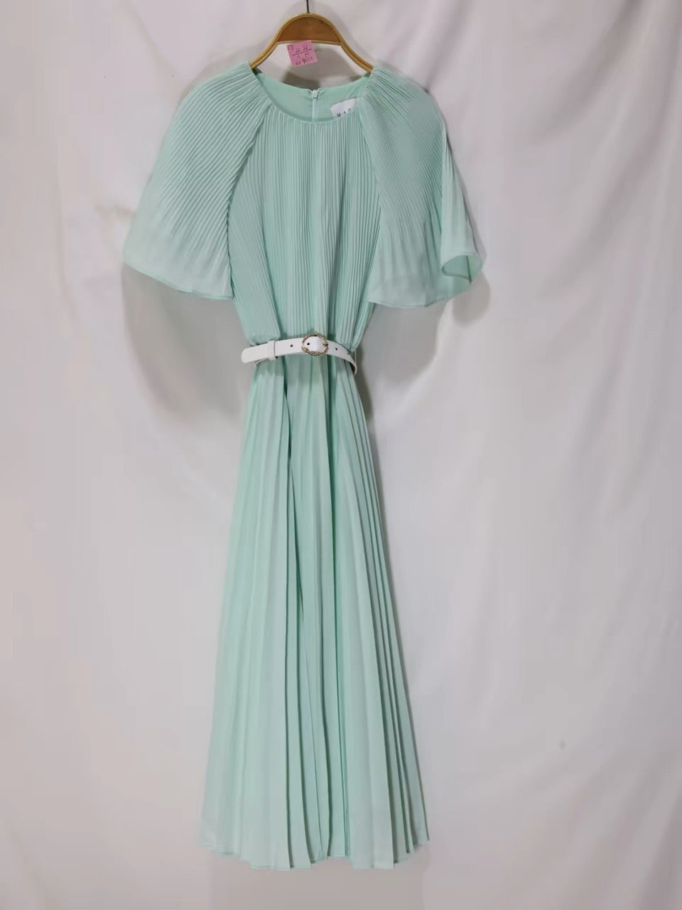 Mint Green Pleated Midi Dress with Belt