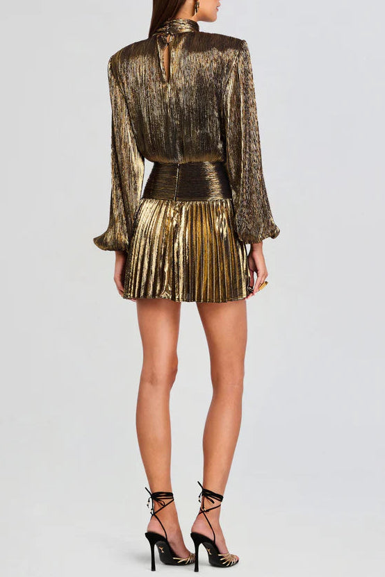 Flowering Girl Women Nancy High-Necked Lantern Sleeve Pleated Mini Dress In Gold