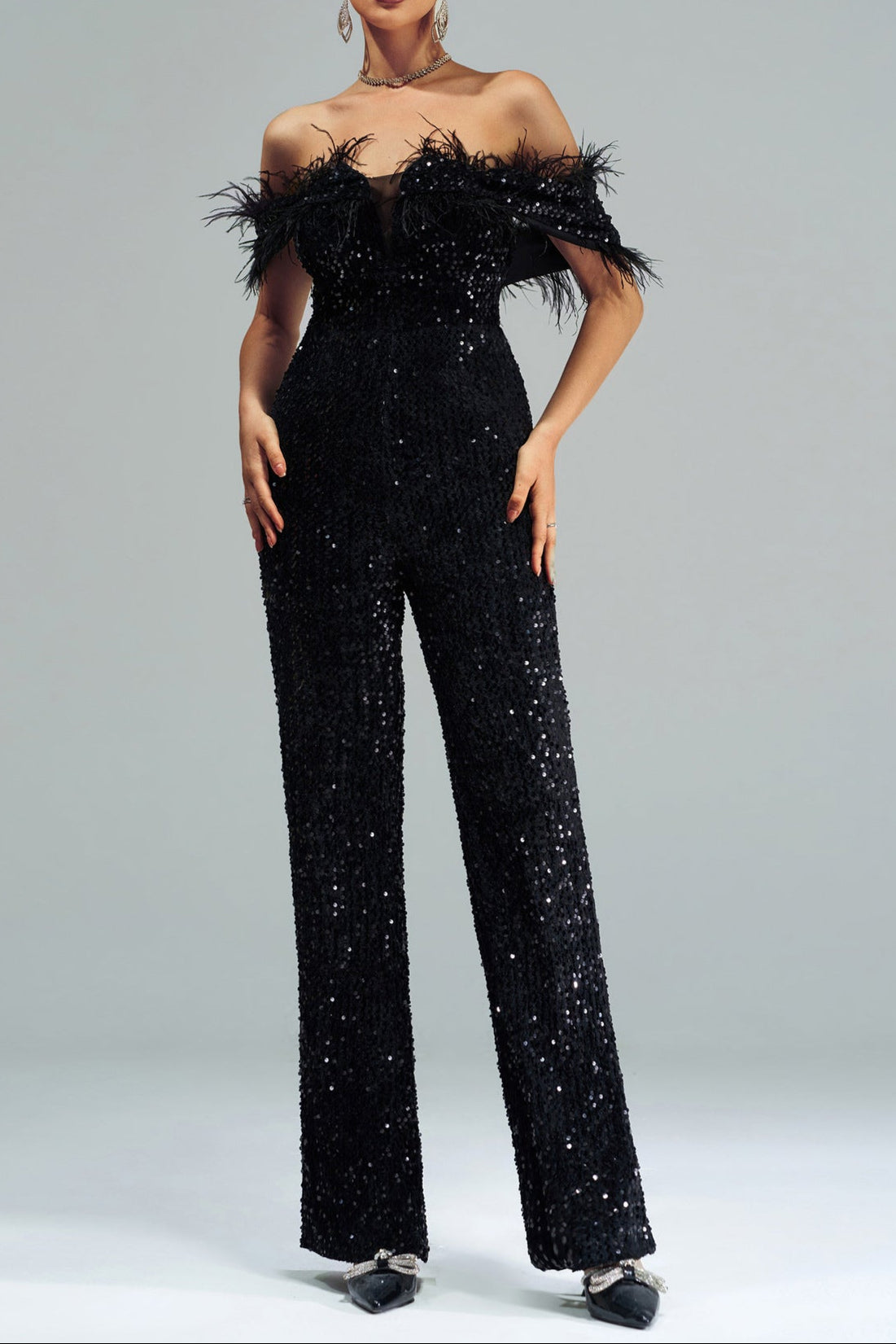 Flowering Girl Women Off-Shoulder Sequin Jumpsuit In Black