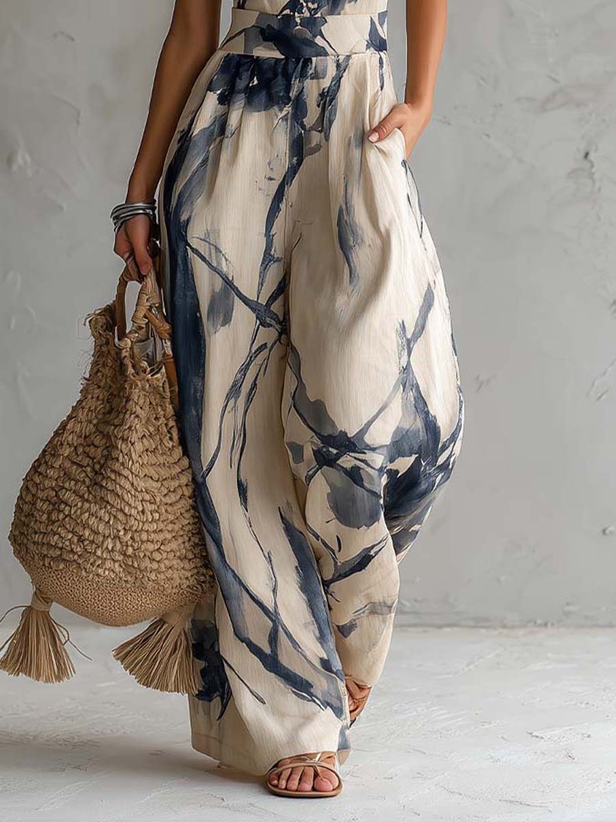 Flowering Girl Women Halter Neck Ink Wash Print Wide Leg Jumpsuit With Pockets