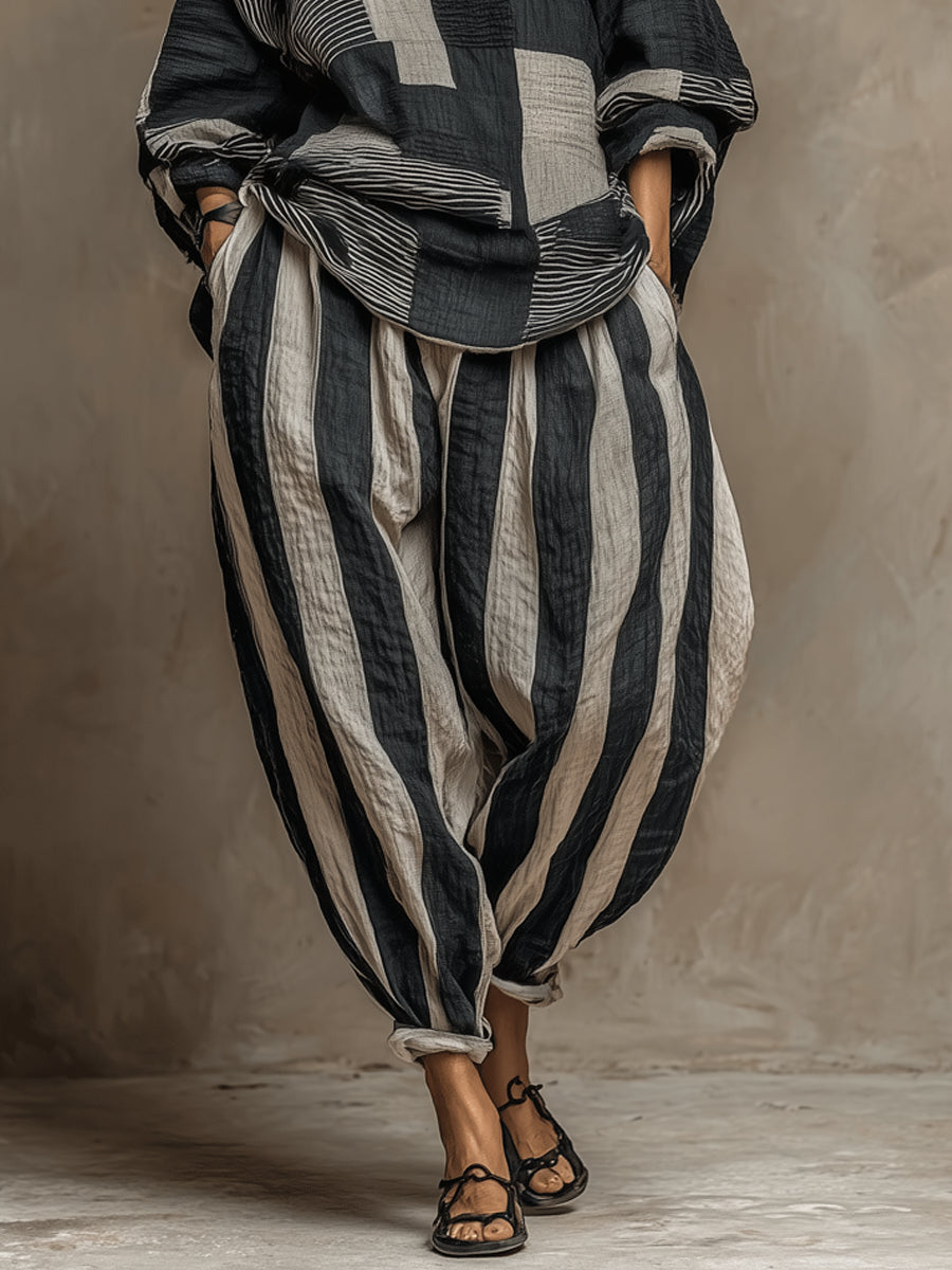 Flowering Girl Women Casual Color-Block Printed Long-Sleeve Top And Pants Set