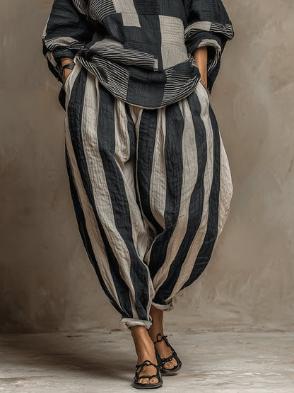 Casual Color-Block Printed Long-Sleeve Top And Pants Set