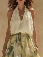 Flowering Girl Women Vacation Chiffon Ruffled Sleeveless Top And Lily Print Pants Set