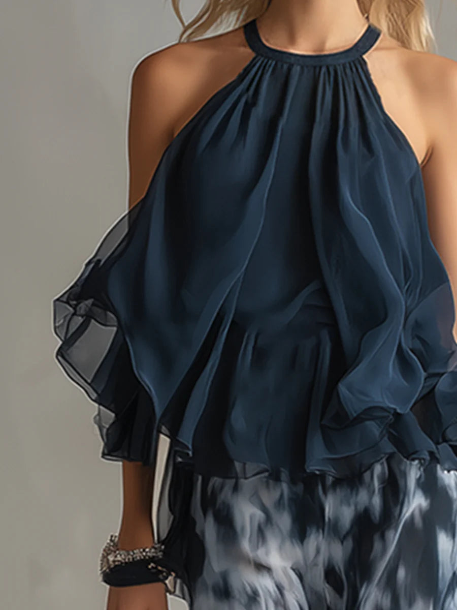 Flowering Girl Women Navy Halter Neck Top And Printed Wide-leg Pants Chiffon Set
