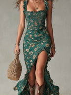 Flowering Girl Women Bohemian Green Printed Maxi Dress with Ruffled Sleeves