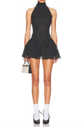 Flowering Girl Women Polka Silk Chiffon Sleeveless Halter Mini Dress In Black