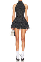 Flowering Girl Women Polka Silk Chiffon Sleeveless Halter Mini Dress In Black