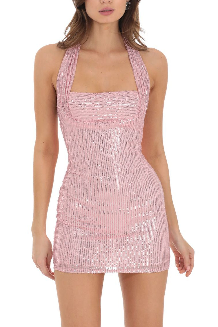 Virginia Sequin Halter Backless Mini Dress In Pink