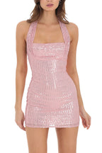 Virginia Sequin Halter Backless Mini Dress In Pink