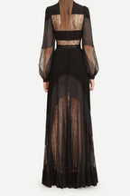 Flowering Girl Women simona lace splice Pleated maxi Dress in black