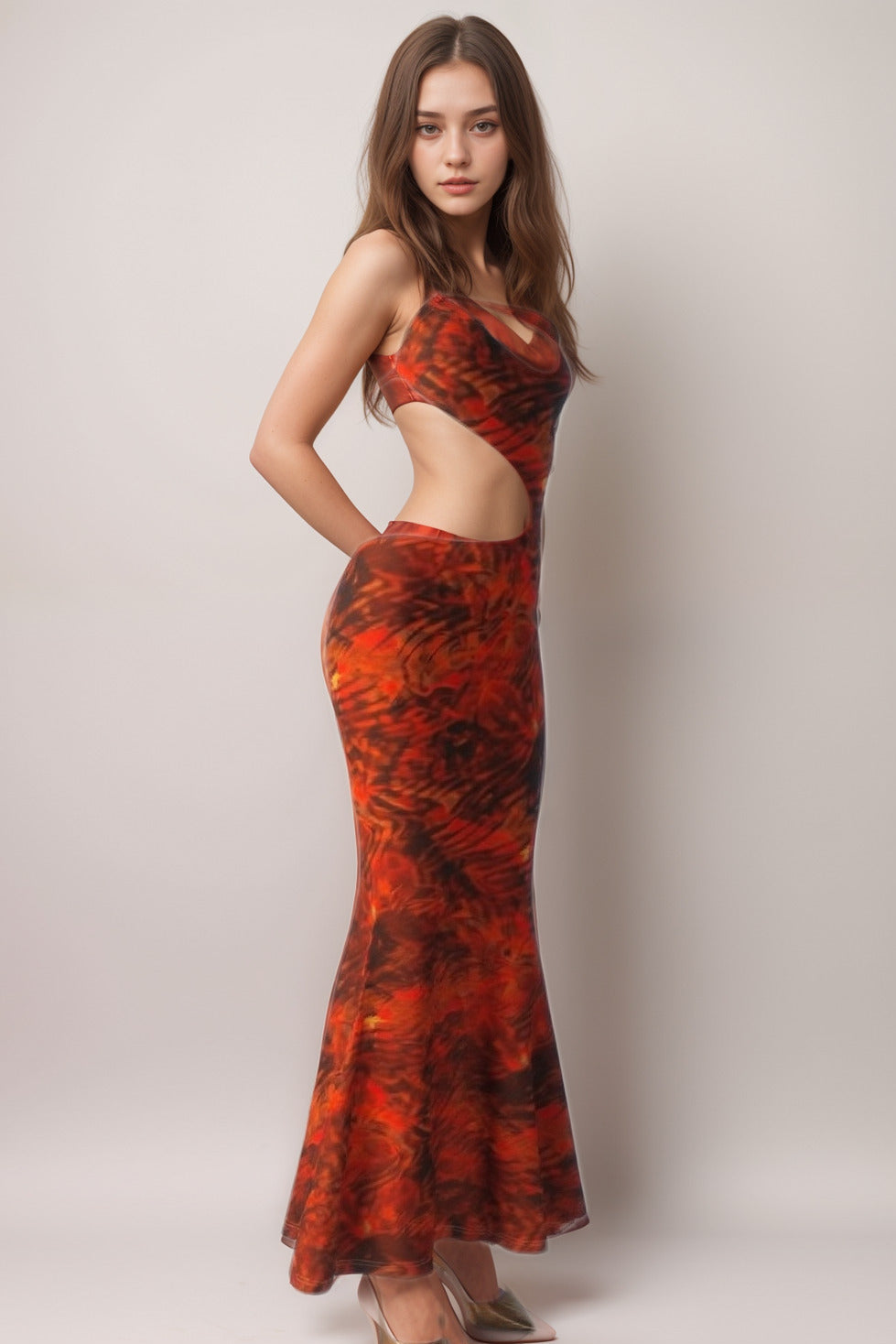 Flowering Girl Women Cut Out Printed Maxi Dress Orange